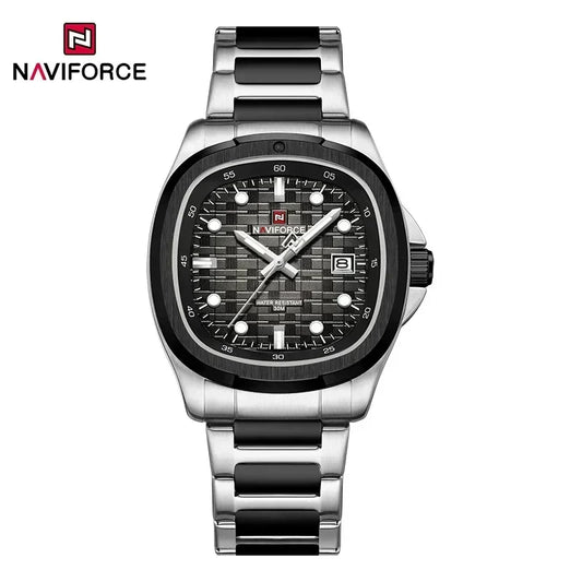 NAVIFORCE 9240 ساعة كوارتز فاخرة بسيطة للرجال بمينا مربع، تقويم، عقارب مضيئة، مقاومة للماء، وسوار من الفولاذ المقاوم للصدأ