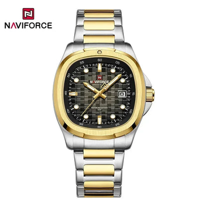 NAVIFORCE 9240 ساعة كوارتز فاخرة بسيطة للرجال بمينا مربع، تقويم، عقارب مضيئة، مقاومة للماء، وسوار من الفولاذ المقاوم للصدأ