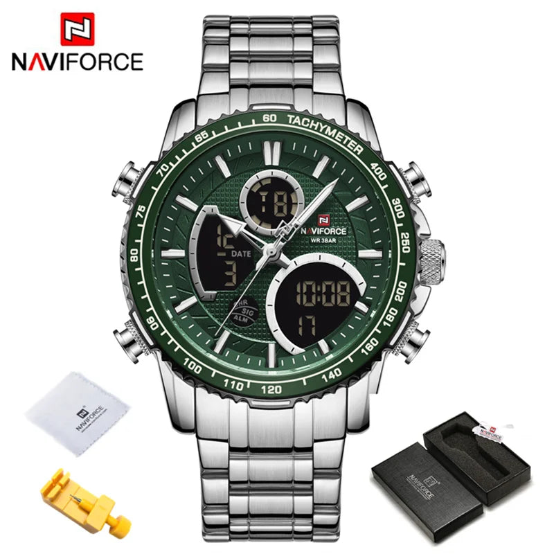 ساعة NAVIFORCE NF9182 للرجال، ساعة رياضية فاخرة، كرونوغراف، مقاومة للماء، سوار فولاذي