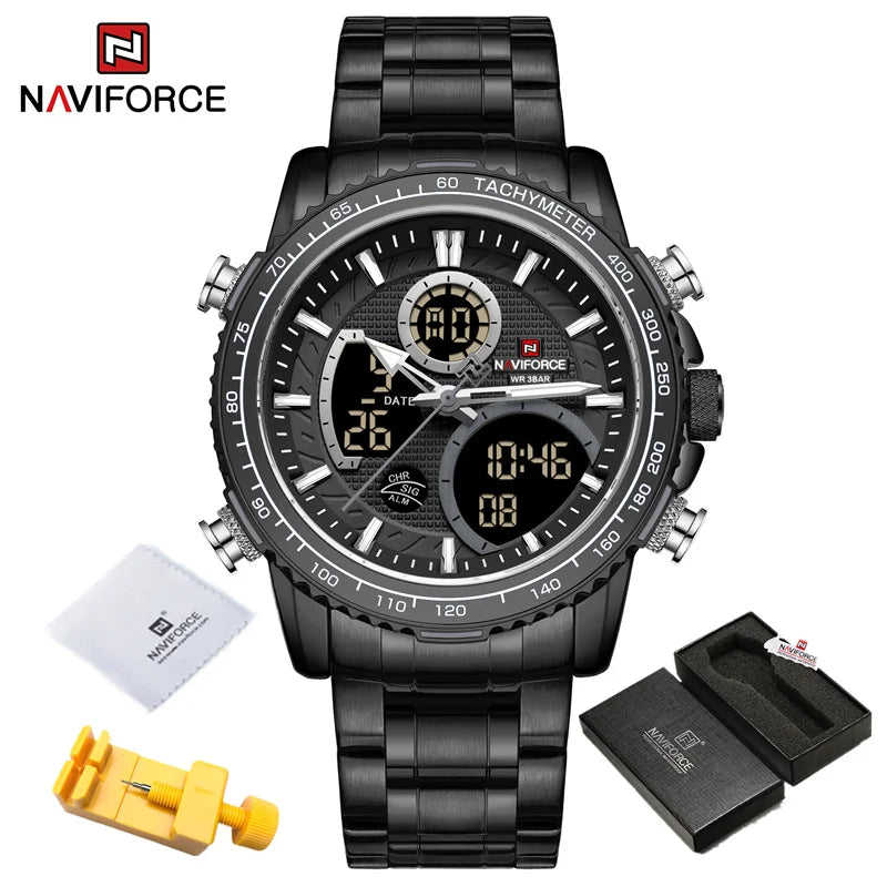 ساعة NAVIFORCE NF9182 للرجال، ساعة رياضية فاخرة، كرونوغراف، مقاومة للماء، سوار فولاذي