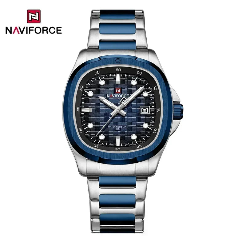NAVIFORCE 9240 ساعة كوارتز فاخرة بسيطة للرجال بمينا مربع، تقويم، عقارب مضيئة، مقاومة للماء، وسوار من الفولاذ المقاوم للصدأ