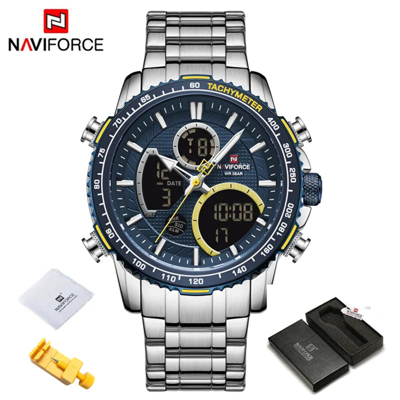 ساعة NAVIFORCE NF9182 للرجال، ساعة رياضية فاخرة، كرونوغراف، مقاومة للماء، سوار فولاذي
