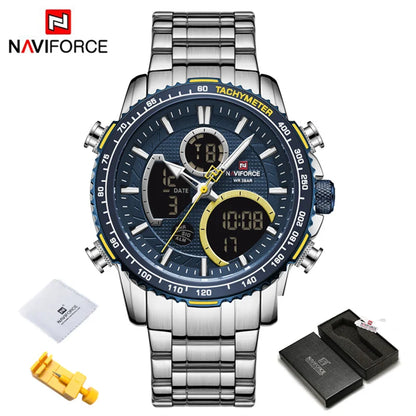 ساعة NAVIFORCE NF9182 للرجال، ساعة رياضية فاخرة، كرونوغراف، مقاومة للماء، سوار فولاذي