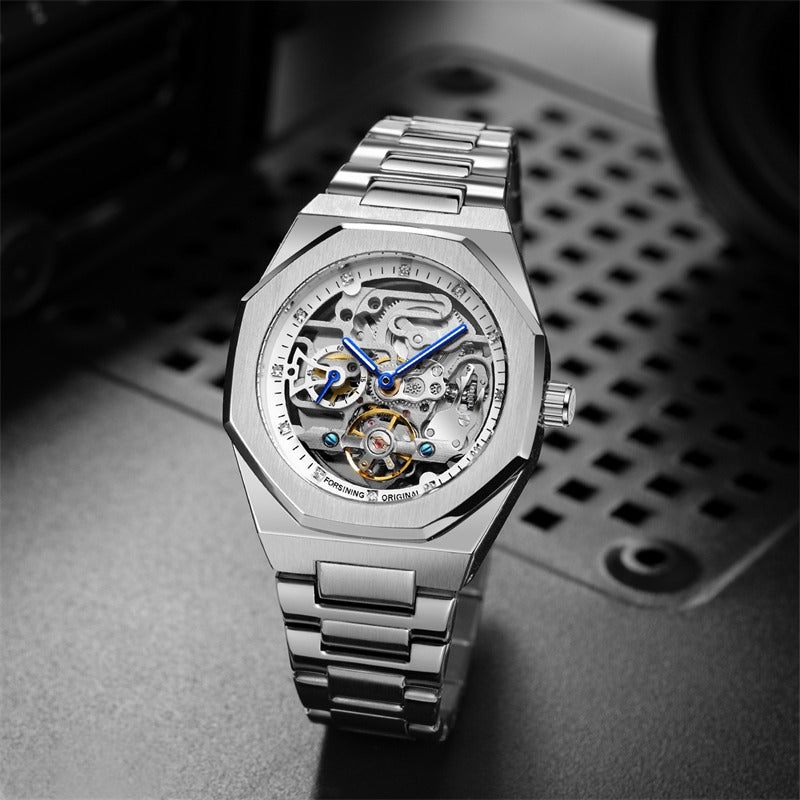 Forsining Silver Skeleton Watch –ساعة فورسينينج الفضية الهيكلية - ستانلس ستيل، لمسات من الماس