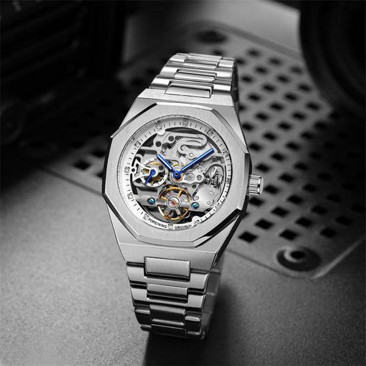 Forsining Silver Skeleton Watch –ساعة فورسينينج الفضية الهيكلية - ستانلس ستيل، لمسات من الماس